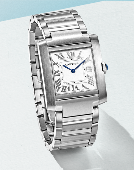 Cartier Tank watch on a light blue and baby blue background